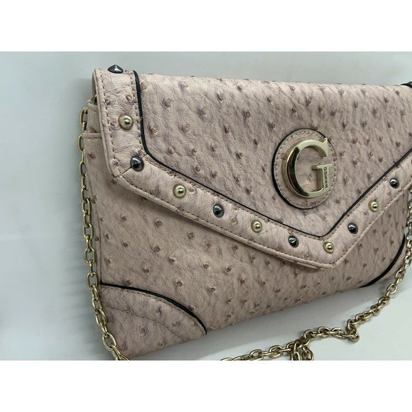Guess Faux Ostrich Stud Purse with Chain Strap Tan Nude Beige Authentic - Picture 3 of 10